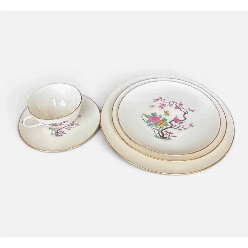 Lenox Ming Coupe X-300 5 pc Place Setting Gold Trim Floral Butterfly Dinnerware